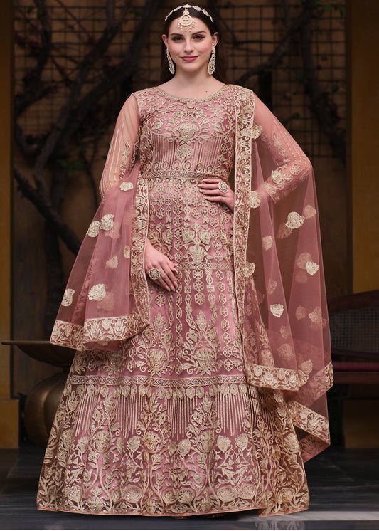 Pink Embroidered Anarkali Salwar Suit In Net - Indian wedding outfits