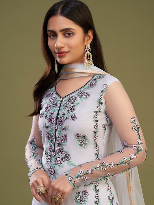 Grey Embroidered Pant Style Suit In Net