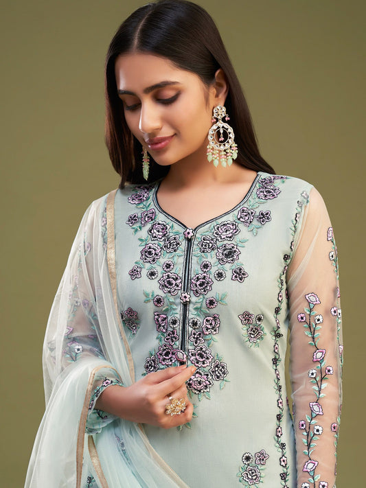 Blue Embroidered Pant Style Suit In Net