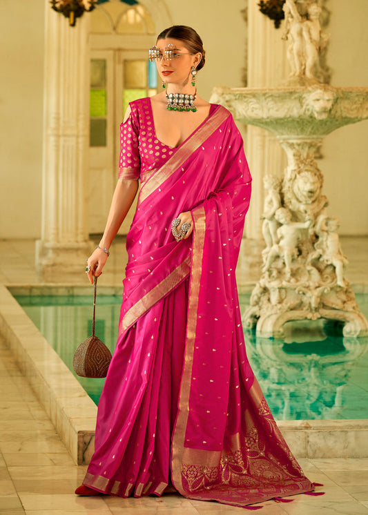 Rani Pink Satin Woven Silk Indian Party Saree Online