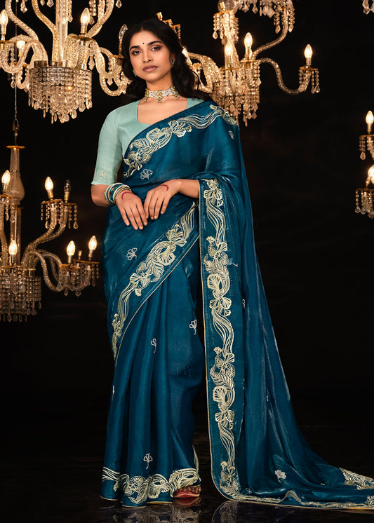 Blue Thread Embroidered Saree In Tissue Silk - Indian wedding clothing USA
