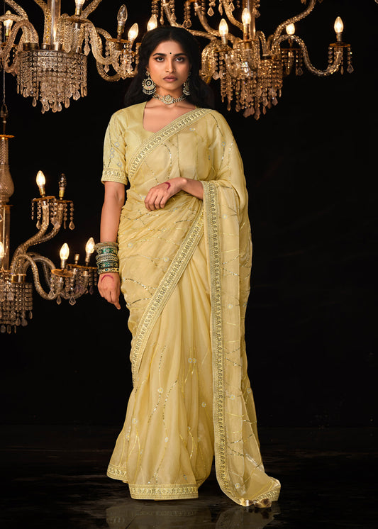 Yellow Zari Embroidered Latest Party Wear Saree Online USA