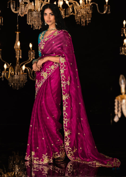 Rani Pink Heavy Embroidered Modern Party Wear Saree USA