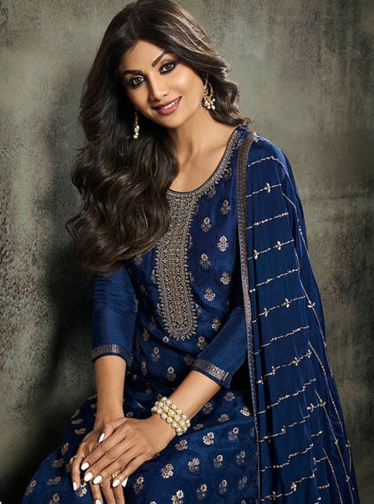 Blue Jacquard Silk Indian Salwar Kameez