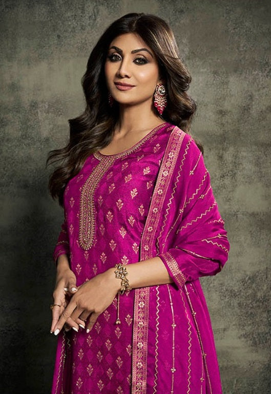 Rani Pink Jacquard Silk Indian Salwar Suit