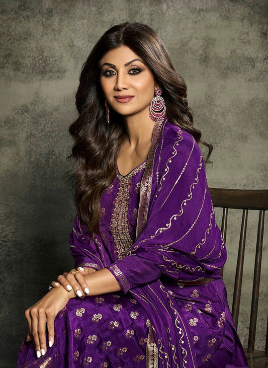 Purple Jacquard Silk Indian Salwar Kameez