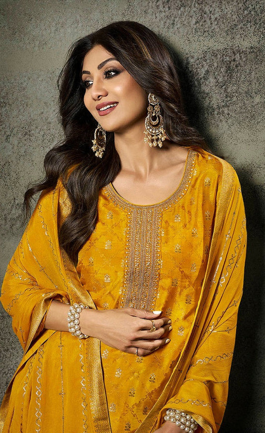 Yellow Jacquard Silk Indian Salwar Kameez