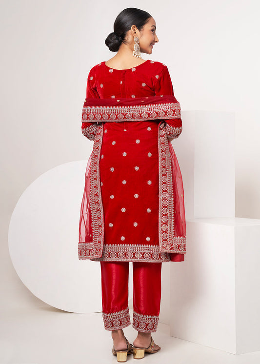 Red Embroidered Pant Salwar Suit In Velvet