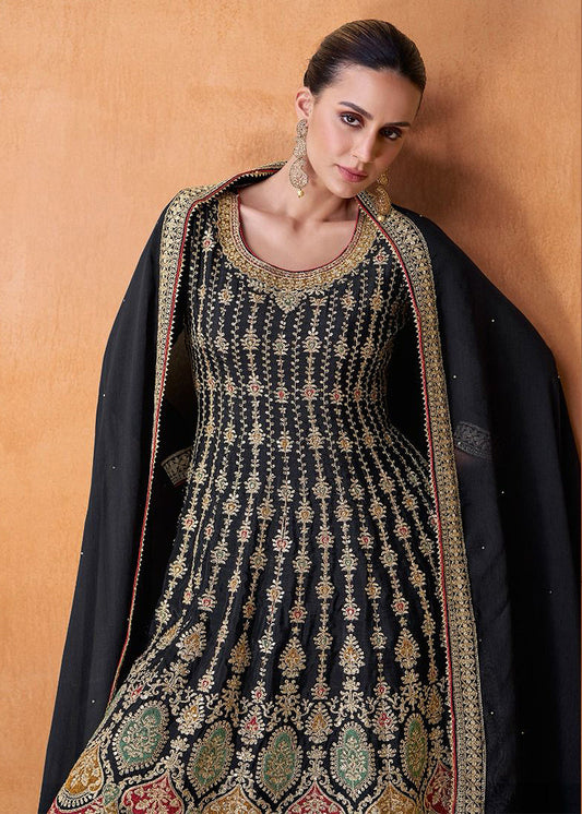 Black Georgette Sharara Style Suit In Embroidered