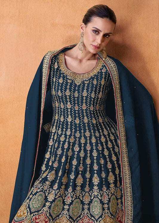 Navy Blue Georgette Sharara Style Suit In Embroidered