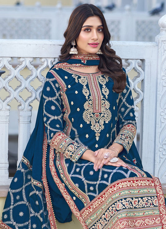 Blue Thread Embroidered Pakistani Palazzo Suit