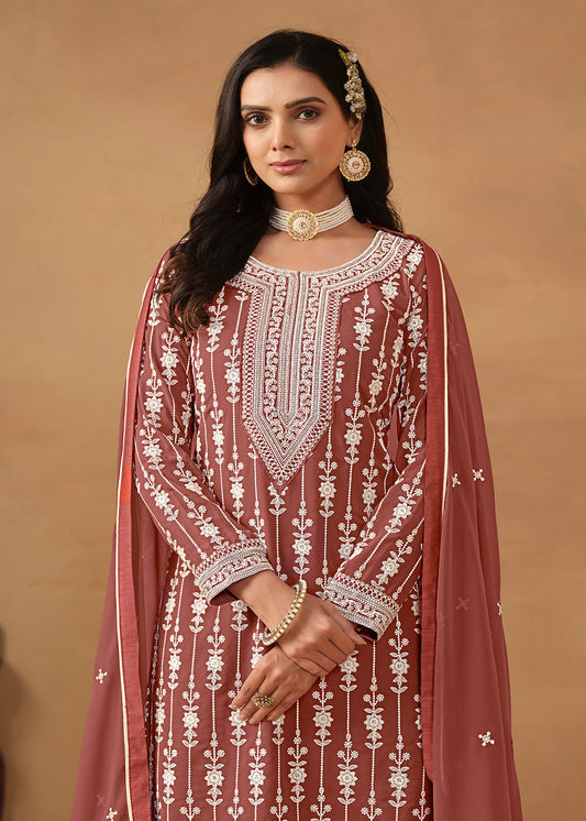 Brown Embroidered Sharara Suit In Georgette