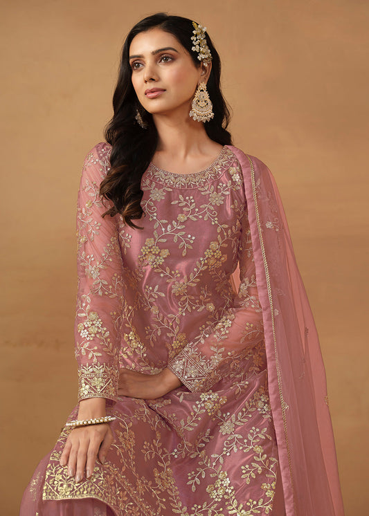 Pink Embroidered Sharara Suit In Net