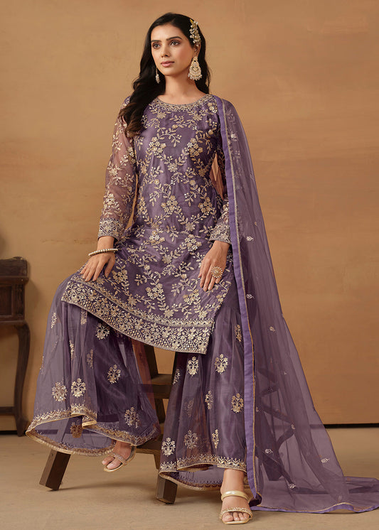 Purple Embroidered Sharara Salwar Suit