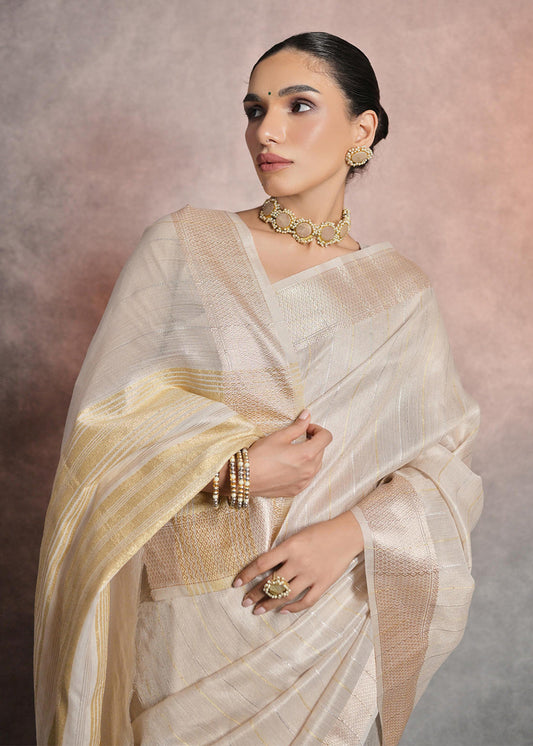 Cream Woven Silk Saree With Blouse