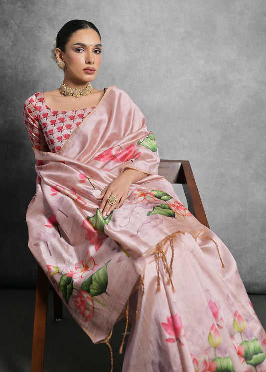 Pink Digital Floral Print Saree In Tussar Silk
