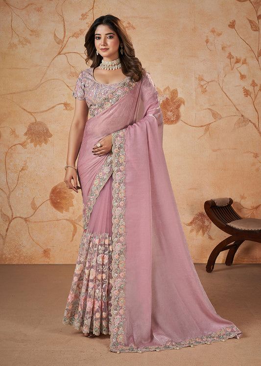 Indian Wedding Dresses Online - Baby Pink Satin Party Wear Saree