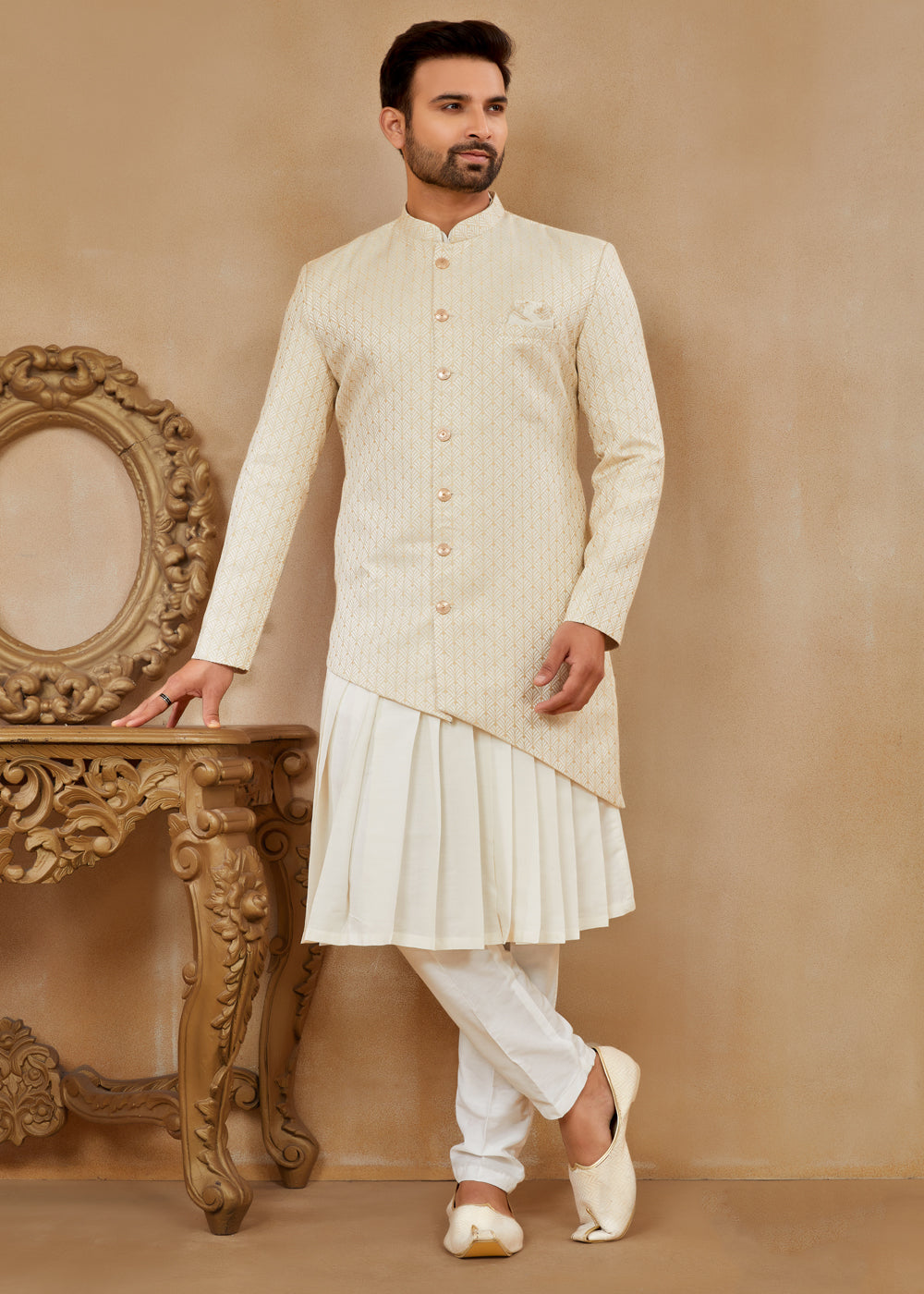 Cream Indo Western Dress In Jacquard Silk