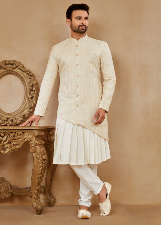Indian Wedding Dresses - Cream Indo Western Dress In Jacquard Silk