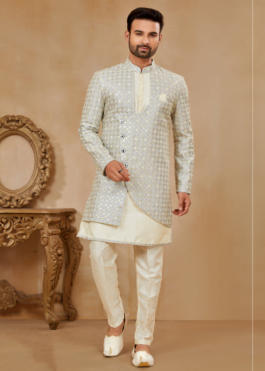 Indian Wedding Dresses - Off White Jacquard Silk Indo Western For Men
