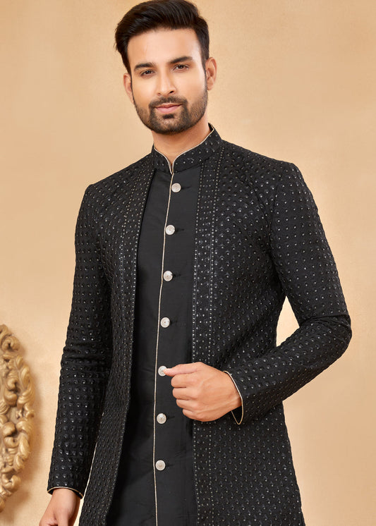 Black Jacquard Silk Jacket Style Indo Western