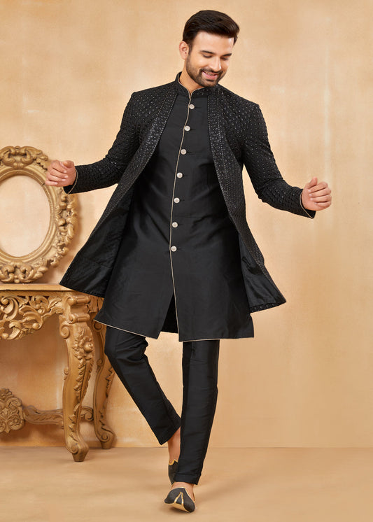 Indian Wedding Dresses - Black Jacquard Silk Jacket Style Indo Western
