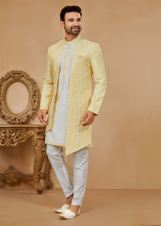 Indian Wedding Dresses - White Jacquard Silk Jacket Indo Western For Men