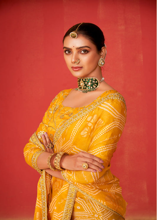 Yellow Chiffon Embroidered Indian Saree Online