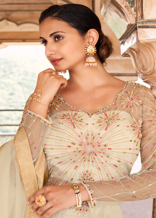 White Embroidered Anarkali Suit In Net