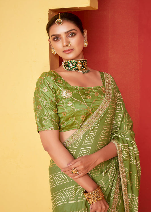 Green Chiffon Embroidered Bandhani Print Saree