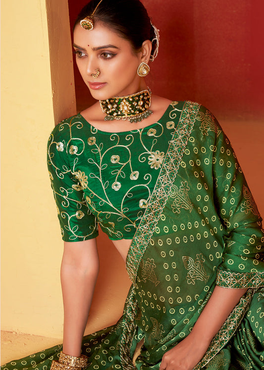 Dark Green Chiffon Embroidered Bandhani Print Saree