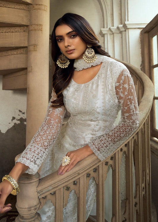 White Net Embroidered Palazzo Suit