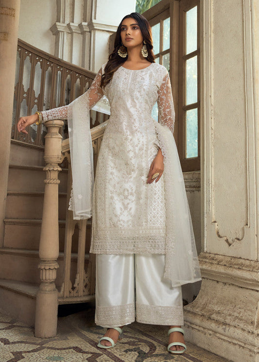 White Net Embroidered Palazzo Suit Online USA