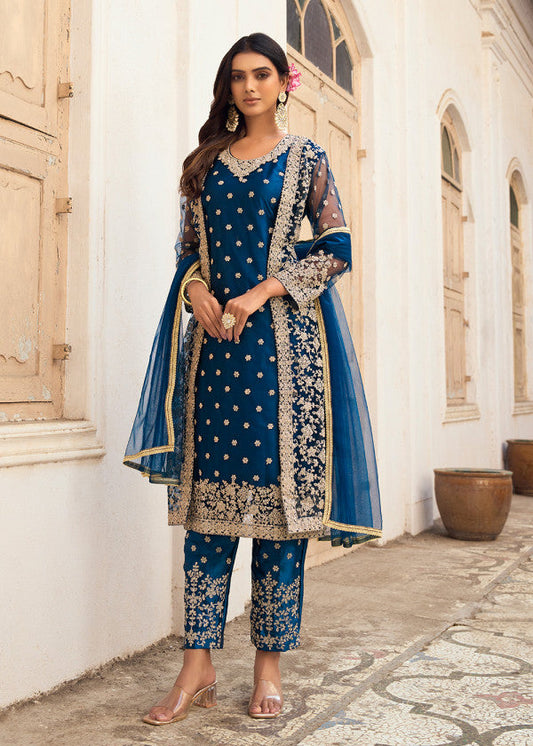 Blue Net Embroidered Pant Style Pakistani Suit Online