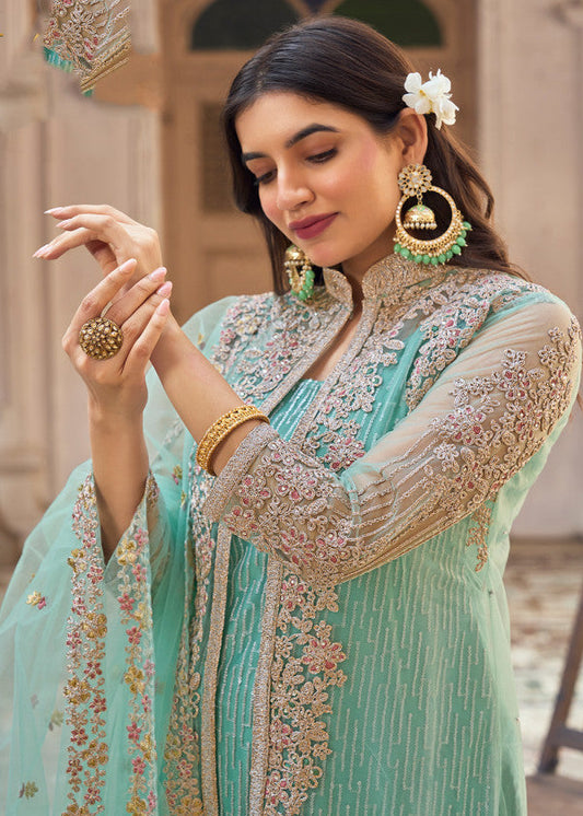 Turquoise Net Embroidered Palazzo Suit