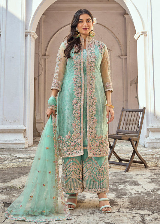 Turquoise Net Embroidered Pakistani Suit Online USA
