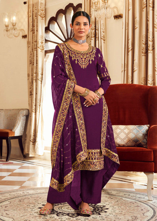 Purple Zari Embroidered Designer Palazzo Suit Online USA