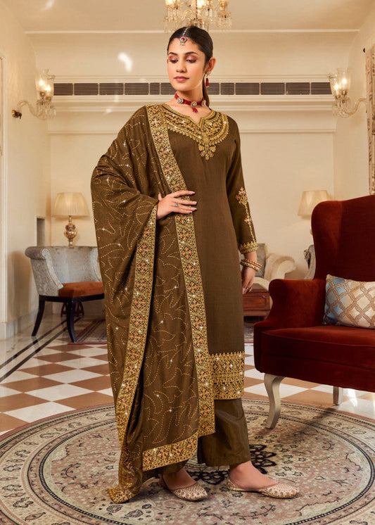 Brown Zari Embroidered Pakistani Palazzo Suit Online