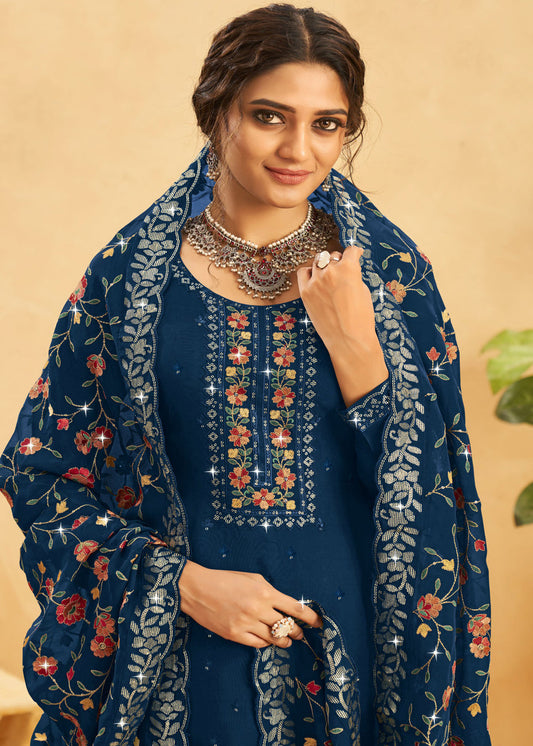 Navy Blue Embroidered Palazzo Style Salwar Suit