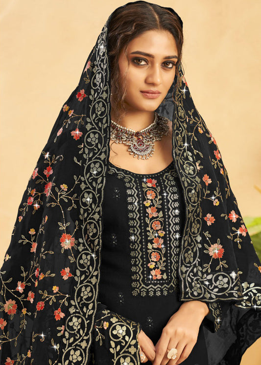 Black Thread Embroidered Palazzo Suit