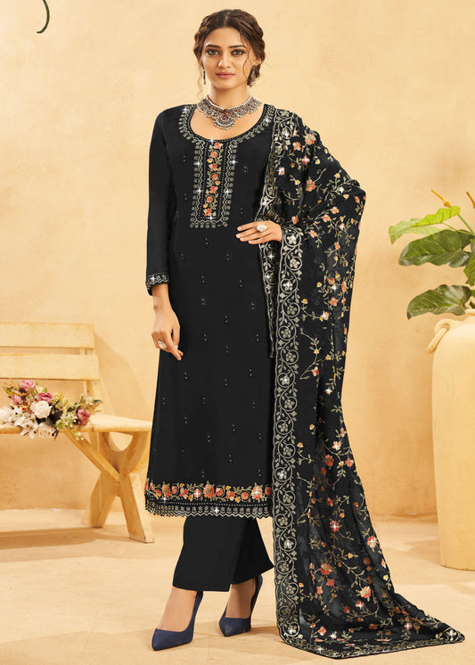 Indian Wedding Dresses - Black Thread Embroidered Pakistani Palazzo Suit