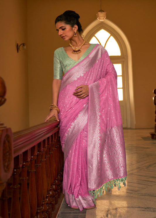 Pink Woven Embroidered Saree In Crepe Silk - Indian Paridhan 