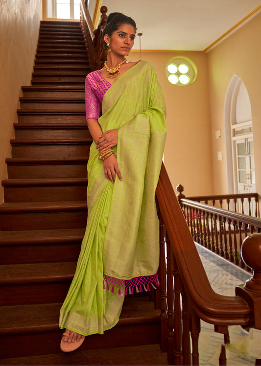 Lime Green Woven Embroidered Saree In Crepe - Indian Paridhan 
