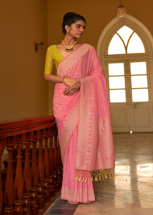 Pink Woven Embroidered Saree In Crepe Silk - Indian Paridhan 