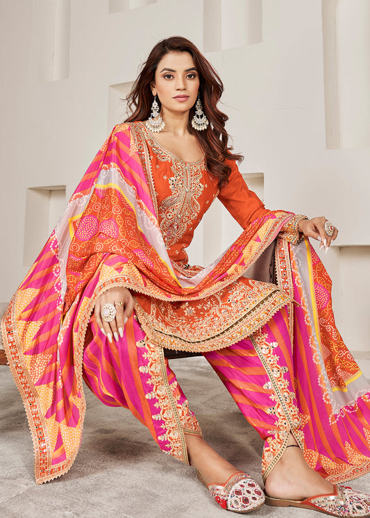 Orange Embroidered Salwar Suit In Chinon Silk