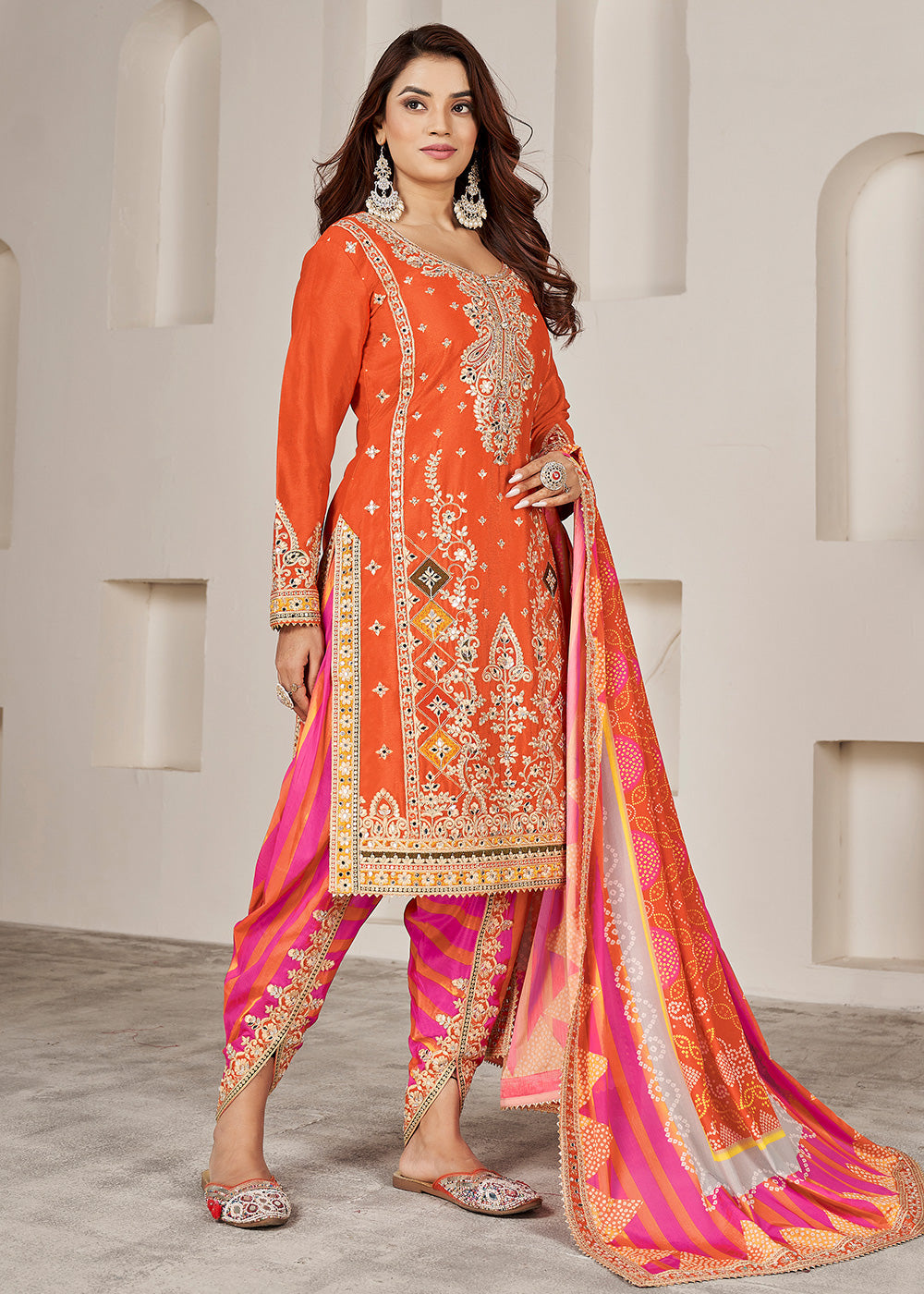 Orange Embroidered Salwar Suit In Chinon Silk