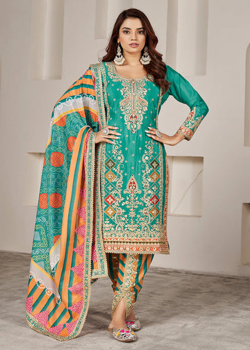 Turquoise Embroidered Punjabi Suit In Chinon Silk