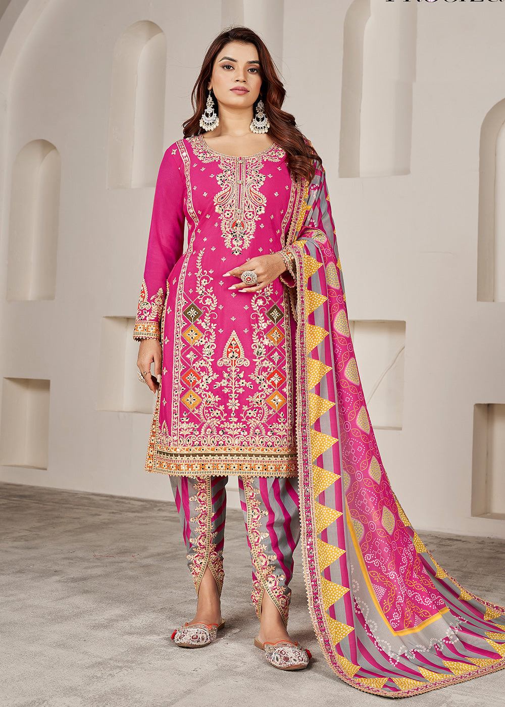Pink Embroidered Punjabi Salwar Suit In Chinon