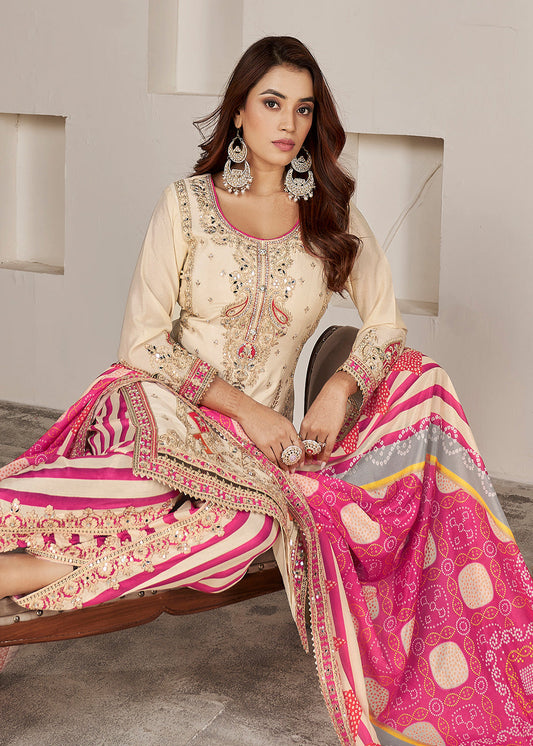 Cream Embroidered Salwar Suit In Chinon Silk