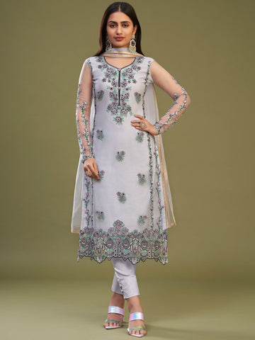 Grey Embroidered Pant Style Suit In Net